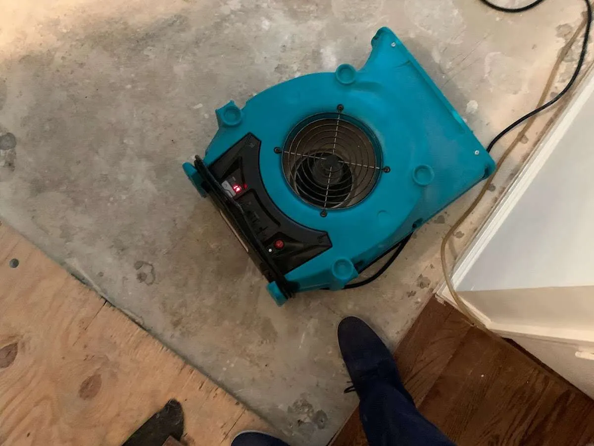 Air mover drying subfloor during Leak Detection & Repair in Essex
